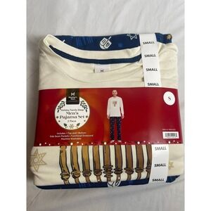 Member's Mark Mens Hanukkah Pajama Set Ivory Navy Menorah Dreidel Small NEW